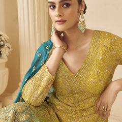 Yellow Georgette Embroidered Seroski Zarkan Work Palazzo Suit