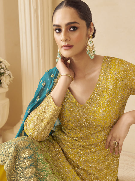 Yellow Georgette Embroidered Seroski Zarkan Work Palazzo Suit