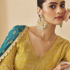Yellow Georgette Embroidered Seroski Zarkan Work Palazzo Suit
