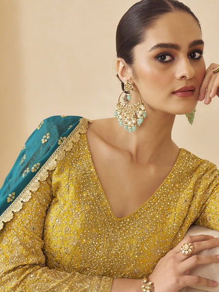 Yellow Georgette Embroidered Seroski Zarkan Work Palazzo Suit