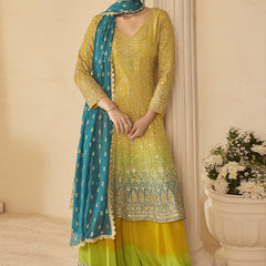 Yellow Georgette Embroidered Seroski Zarkan Work Palazzo Suit