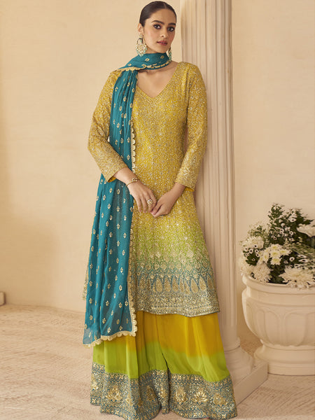 Yellow Georgette Embroidered Seroski Zarkan Work Palazzo Suit
