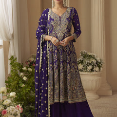 Violet Georgette Embroidered Seroski Zarkan Work Palazzo Suit