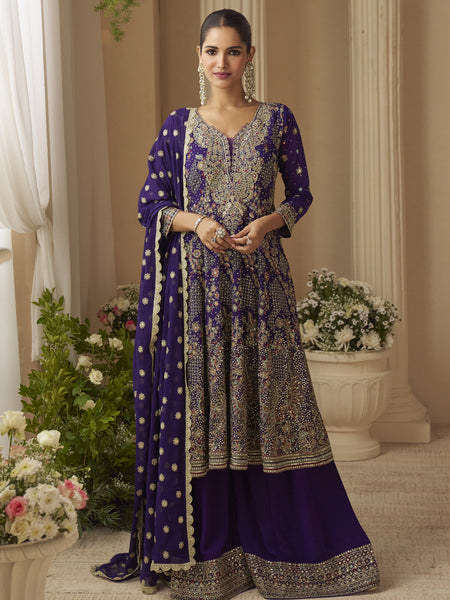 Violet Georgette Embroidered Seroski Zarkan Work Palazzo Suit