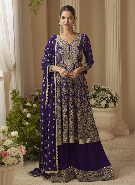 Violet Georgette Embroidered Seroski Zarkan Work Palazzo Suit
