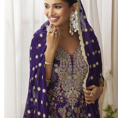 Violet Georgette Embroidered Seroski Zarkan Work Palazzo Suit