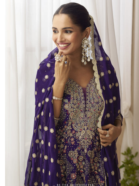 Violet Georgette Embroidered Seroski Zarkan Work Palazzo Suit