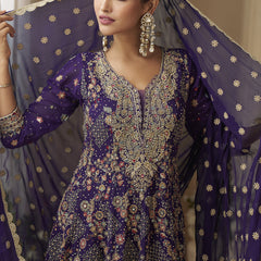 Violet Georgette Embroidered Seroski Zarkan Work Palazzo Suit