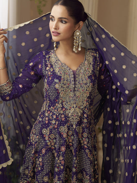 Violet Georgette Embroidered Seroski Zarkan Work Palazzo Suit