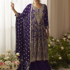 Violet Georgette Embroidered Seroski Zarkan Work Palazzo Suit