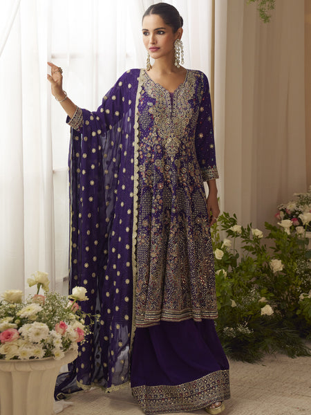 Violet Georgette Embroidered Seroski Zarkan Work Palazzo Suit