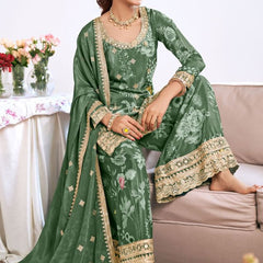 Dark-Green Embroidery Chinon Silk Salwar Suit
