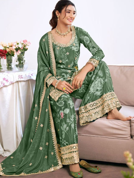 Dark-Green Embroidery Chinon Silk Salwar Suit