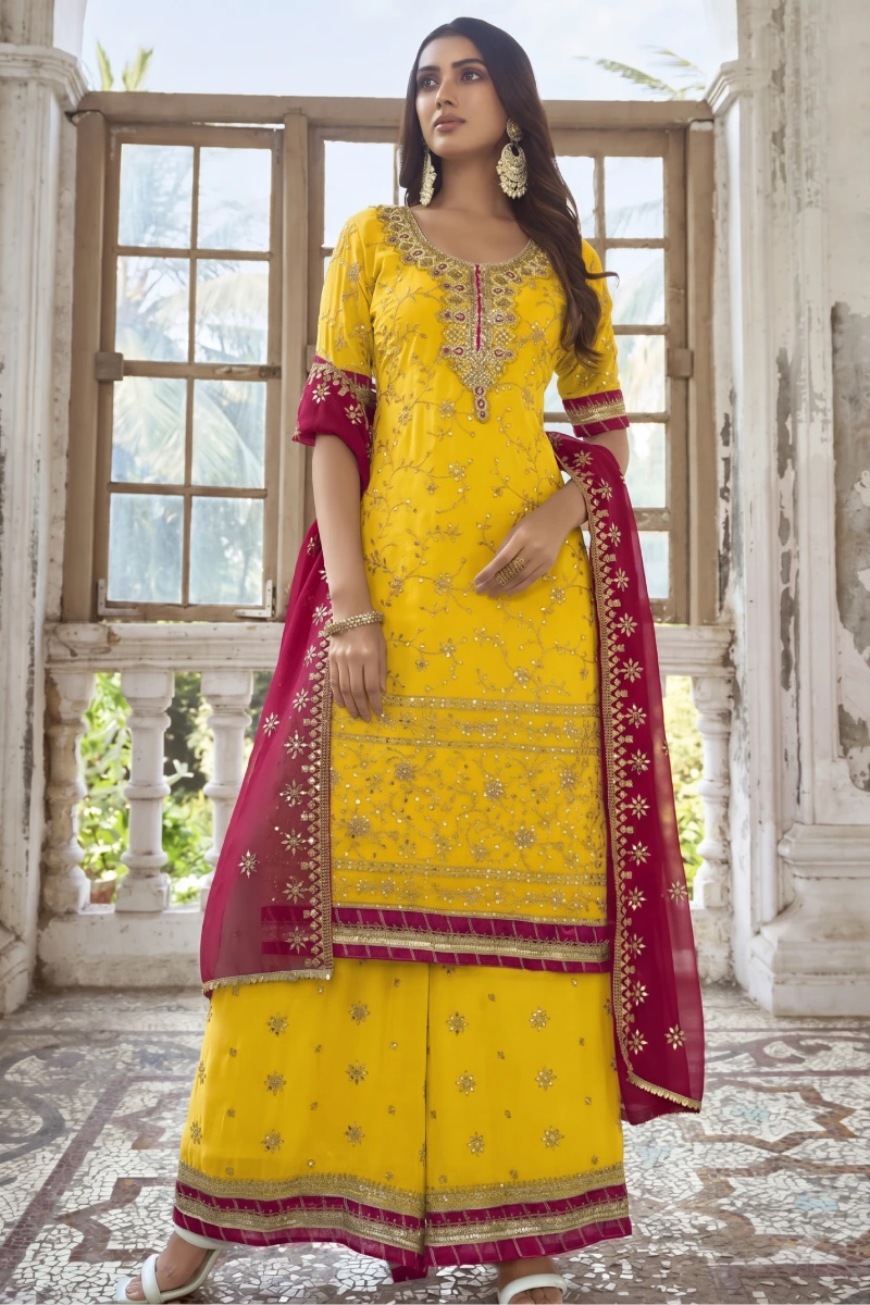 Yellow Georgette Front & Back Embroidered Palazzo Suit