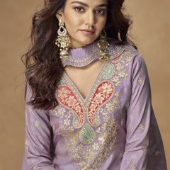 Lavender Shimmer Silk Embroidered Designer Palazzo Suit