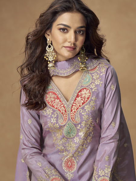 Lavender Shimmer Silk Embroidered Designer Palazzo Suit