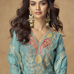 Sky Blue Shimmer Silk Embroidered Designer Palazzo Suit