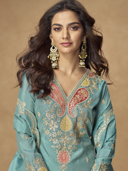 Sky Blue Shimmer Silk Embroidered Designer Palazzo Suit