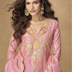 Light Pink Shimmer Silk Embroidered Designer Plazzo Suit