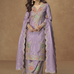 Lavender Shimmer Silk Embroidered Designer Palazzo Suit