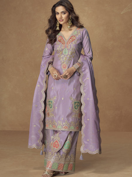 Lavender Shimmer Silk Embroidered Designer Palazzo Suit