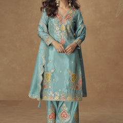 Sky Blue Shimmer Silk Embroidered Designer Palazzo Suit