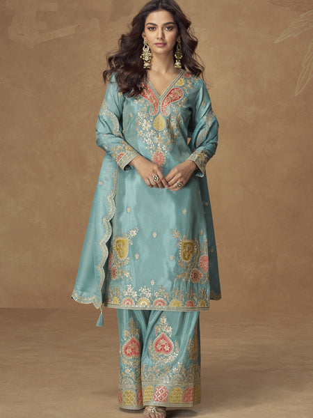 Sky Blue Shimmer Silk Embroidered Designer Palazzo Suit