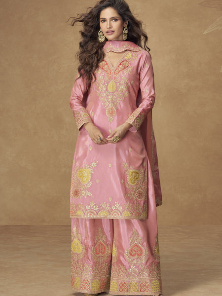 Light Pink Shimmer Silk Embroidered Designer Plazzo Suit
