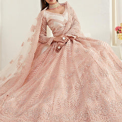 Peach Net Embroidered Wedding Lehenga