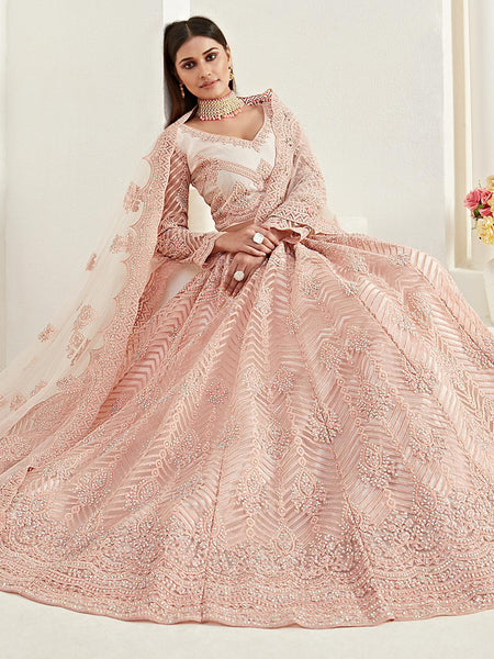 Peach Net Embroidered Wedding Lehenga