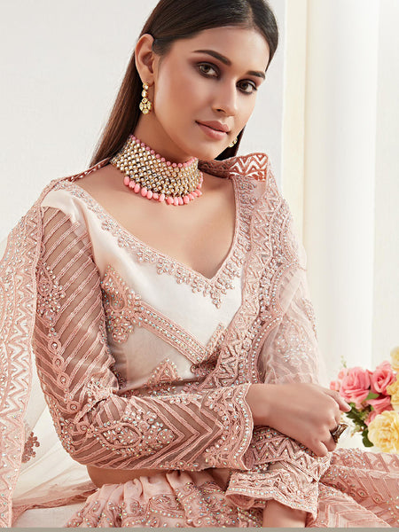Peach Net Embroidered Wedding Lehenga
