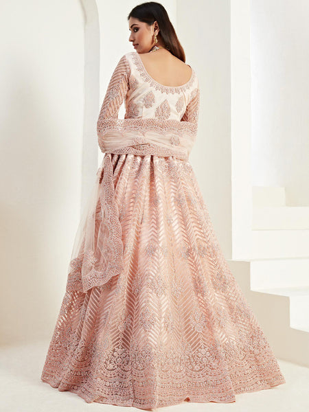 Peach Net Embroidered Wedding Lehenga