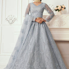 Light Grey Net Embroidered Wedding Lehenga