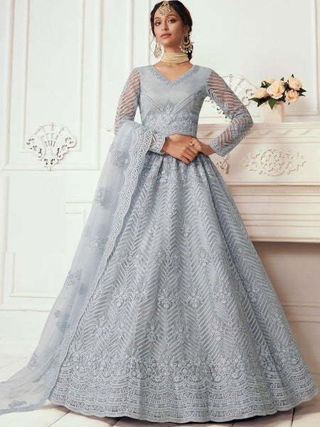 Light Grey Net Embroidered Wedding Lehenga