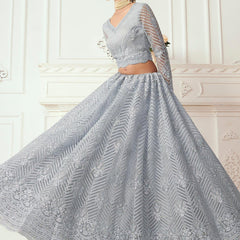 Light Grey Net Embroidered Wedding Lehenga