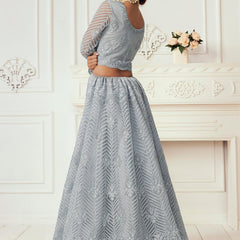 Light Grey Net Embroidered Wedding Lehenga