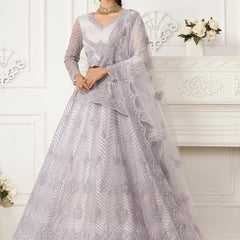 Lavender Net Embroidered Wedding Lehenga