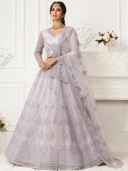 Lavender Net Embroidered Wedding Lehenga