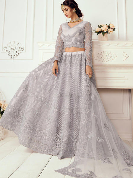 Lavender Net Embroidered Wedding Lehenga