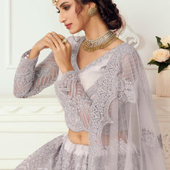Lavender Net Embroidered Wedding Lehenga