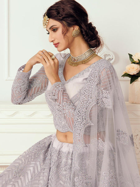 Lavender Net Embroidered Wedding Lehenga