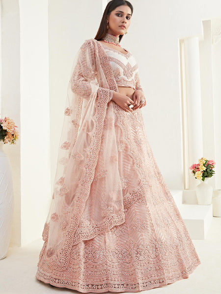 Peach Net Embroidered Wedding Lehenga