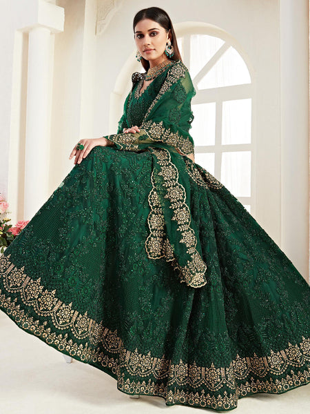Green Net Embroidered Wedding Lehenga