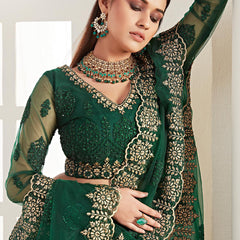 Green Net Embroidered Wedding Lehenga