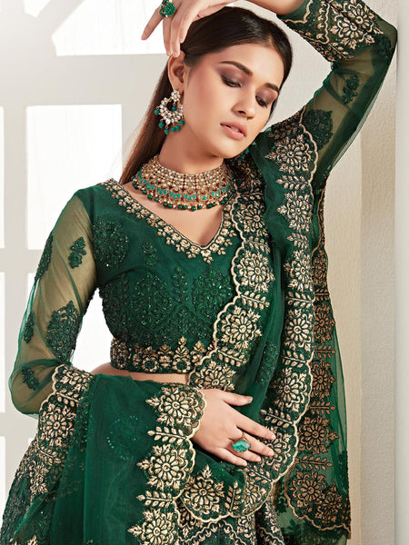 Green Net Embroidered Wedding Lehenga