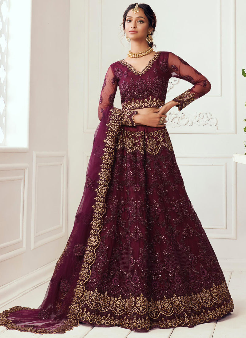 Wine Net Embroidered Wedding Lehenga