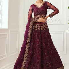 Wine Net Embroidered Wedding Lehenga