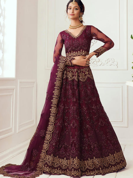 Wine Net Embroidered Wedding Lehenga