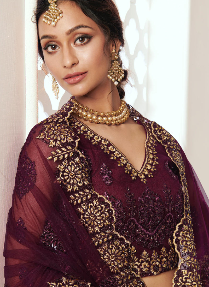 Wine Net Embroidered Wedding Lehenga