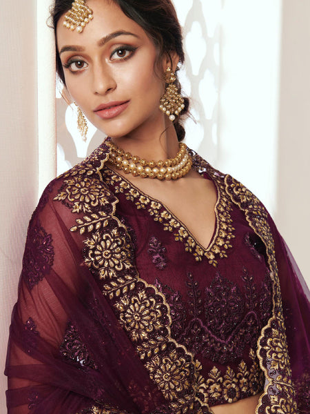 Wine Net Embroidered Wedding Lehenga